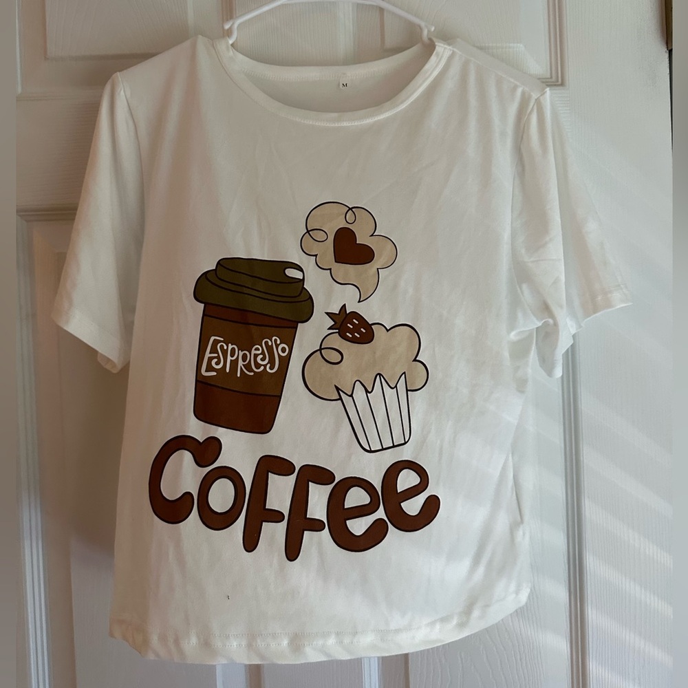SHEIN White and Brown Coffee Graphic Short Sleeve Tee